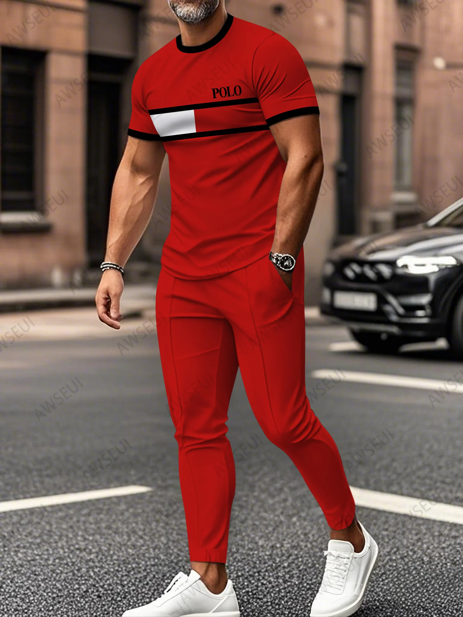 Zipper Short Sleeve Long Pants Two-Piece Set