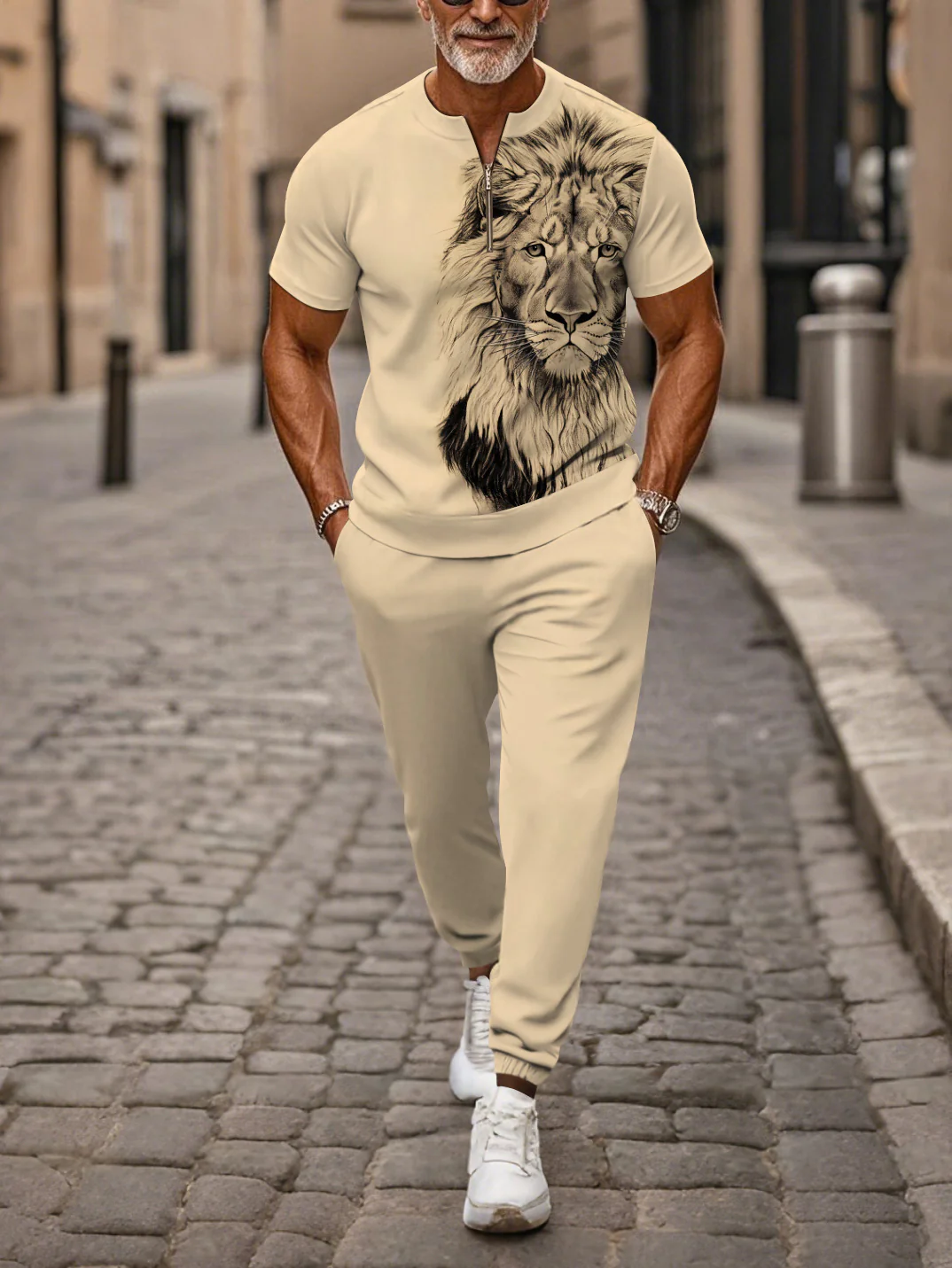 Zipper Short Sleeve Long Pants Two-Piece Set